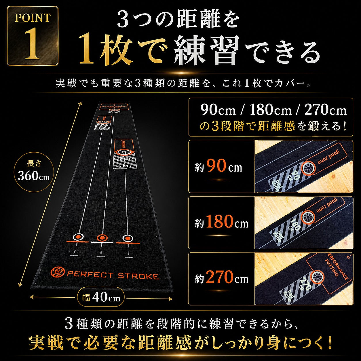 パターマット3点セット｜ブラックマット＋Tパッティング＋自動返球