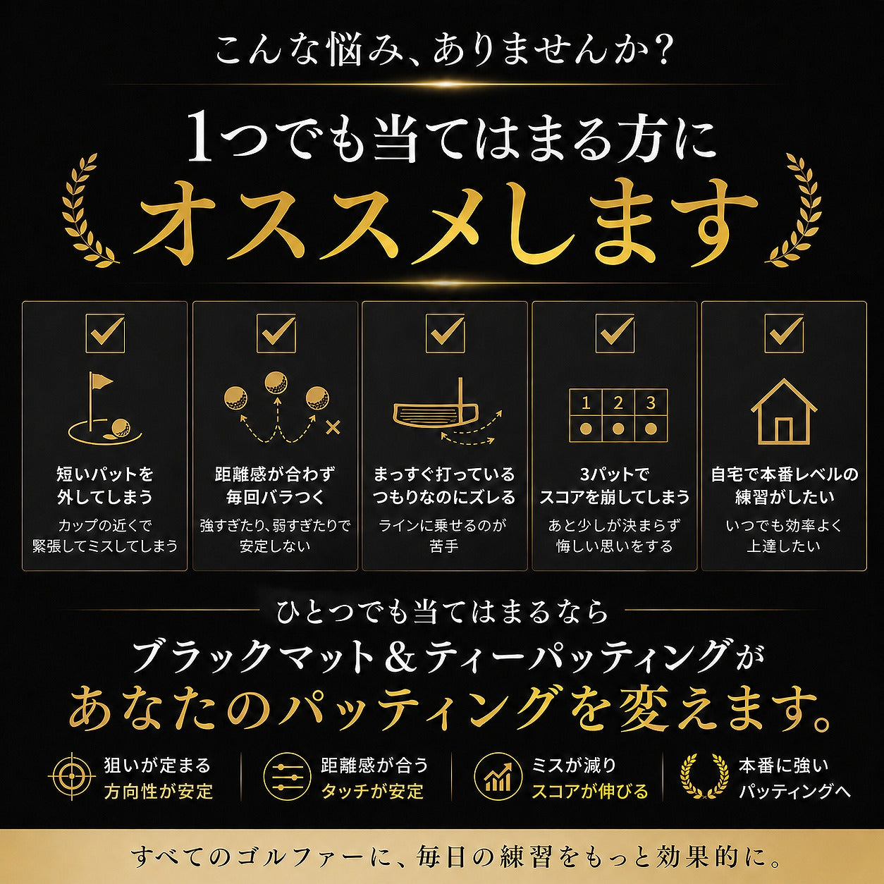 【6月下旬入荷】パターマット3点セット｜ブラックマット＋Tパッティング＋自動返球カップ | パーフェクトストローク