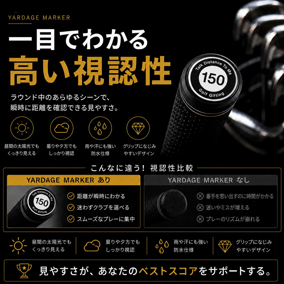 ヤーデージマーカー 20個セット ゴルフ 飛距離表示マーカー グリップエンド装着 ブラック 60〜220ヤード対応