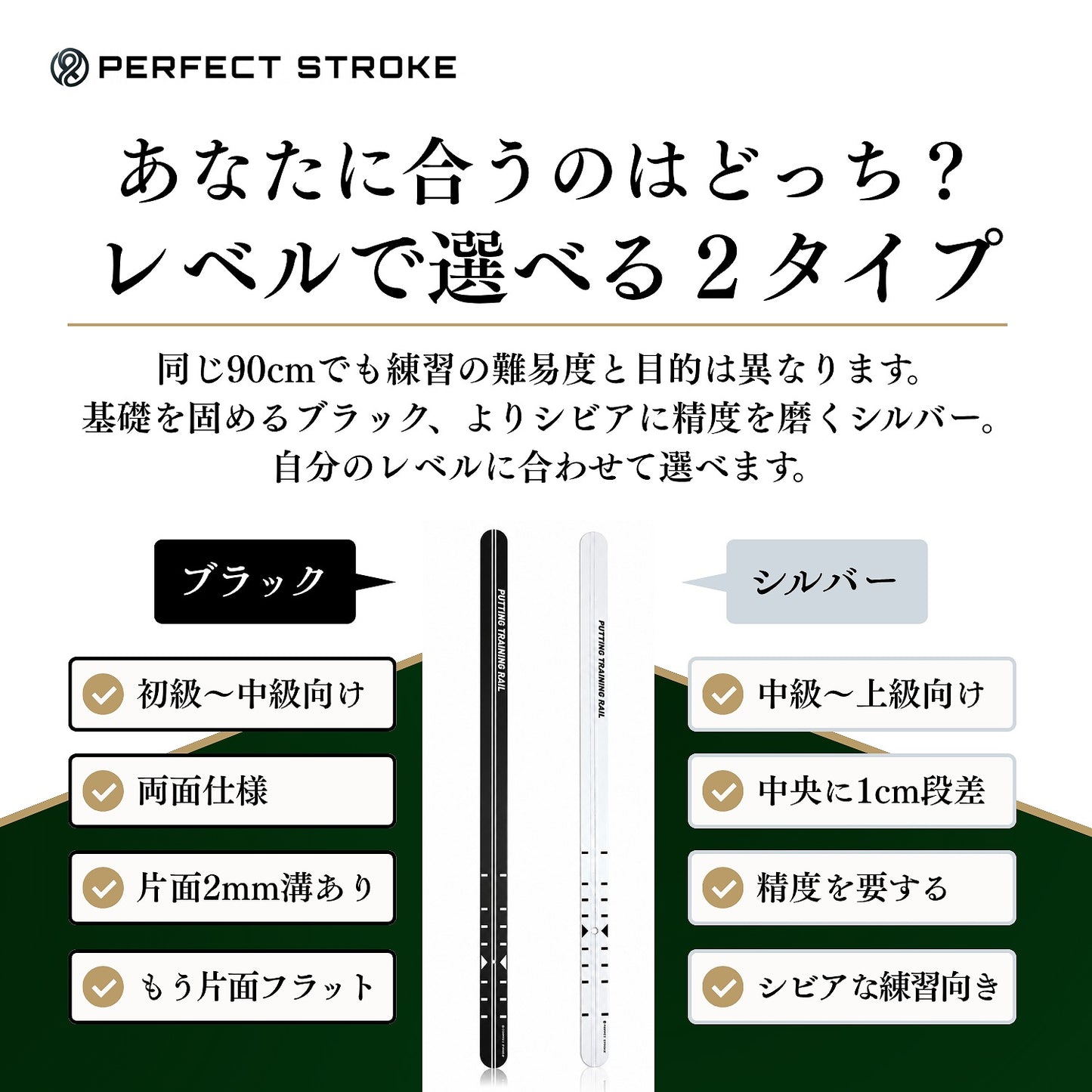 パッティングトレーニングレール 90cm｜方向性を矯正するゴルフパター練習器具（ブラック／シルバー） | パーフェクトストローク